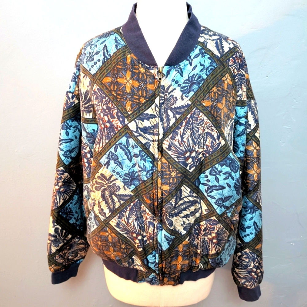 Vintage Silk floral patchwork print bomber jacket. Options Melrose. Large.